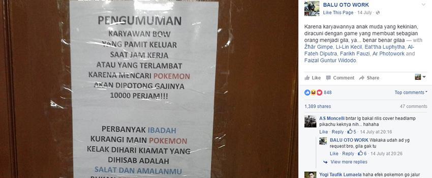 Bengkel Ini 'Pamerkan' Pegawainya yang Main Pokemon Go di Jam Kerja