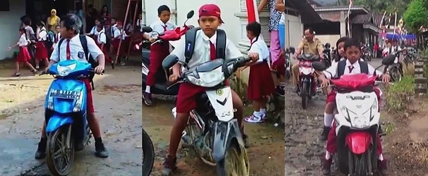 Siswa SD di Trenggalek Dibiarkan Kendarai Sepeda Motor ke Sekolah... Tanpa Helm Lagi!