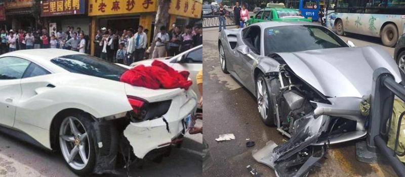Hindari Anak Anjing, 2 Mobil Mewah Ferrari Tabrak Pagar Pembatas Jalan!