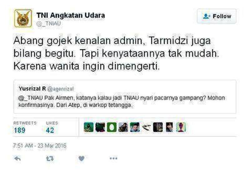 12 Kumpulan Jawaban Admin Twitter TNI AU Ini Kocak Banget