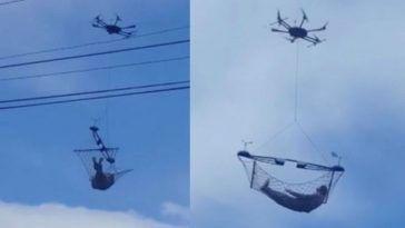 VIDEO: Heboh! Orang ini Diangkut ke Atas Awan Menggunakan Drone