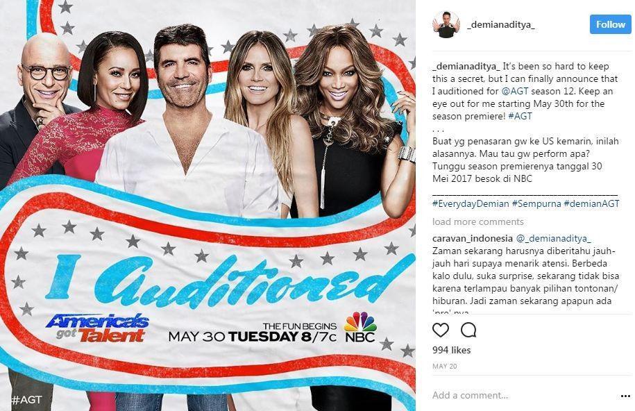 Demian Tampil di America's Got Talent 30 Mei Esok