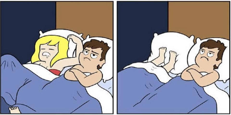 7 Ilustrasi Kocak Suka Duka Tidur Bareng Pasangan Pasca Menikah