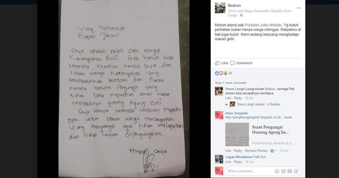 Pengungsi Gunung Agung Kirim Surat untuk Jokowi, Ini Isinya!