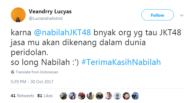 Keluar dari JKT48, Netizen Banjiri Twitter dengan #TerimaKasihNabilah