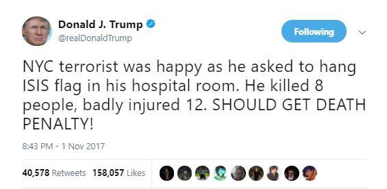 Trump Usul Pelaku Teror Manhattan Dihukum Mati