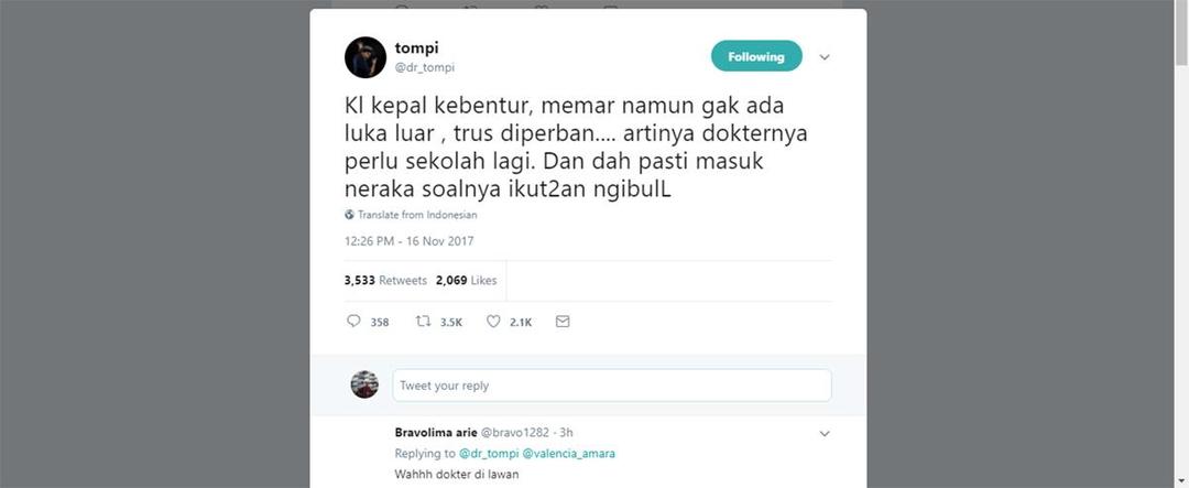 Tompi: Kepala Kebentur Diperban? Dokternya Perlu Sekolah Lagi