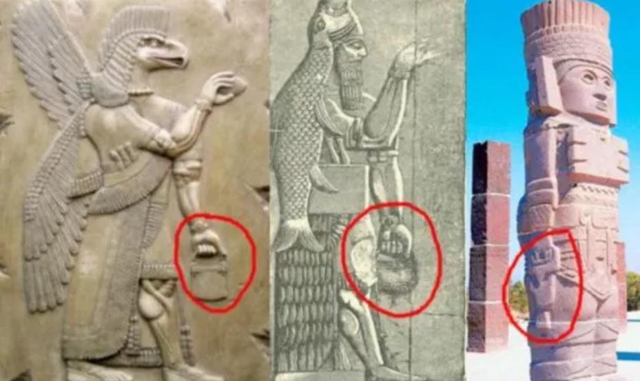 Ukiran Kuno Tunjukkan Figur Supernatural Pakai Tas Tangan