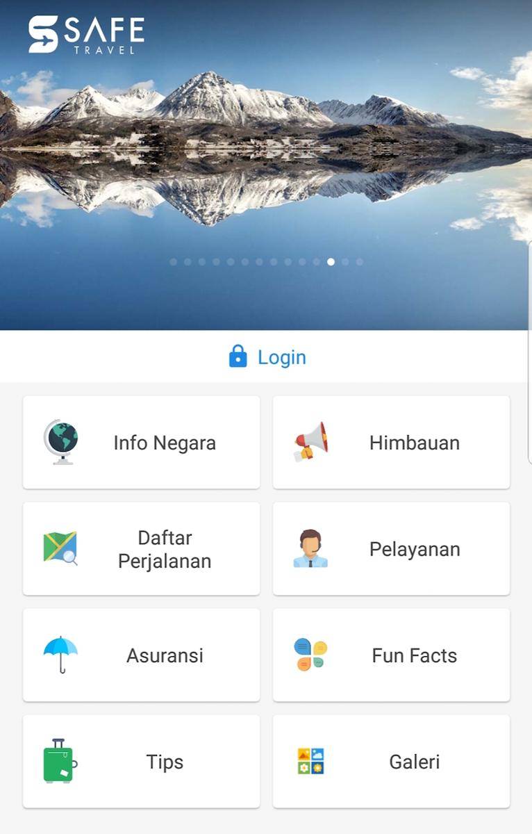 LAMAN DEPAN. Tampak laman depan aplikasi mobile Safe Travel Kemlu. Foto dari screen capture Safe Travel