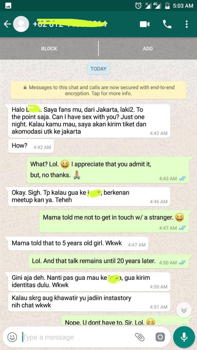 CYBER HARASSMENT. Seorang mahasiswi pascasarjana di universitas negeri mendapat pesan daring untuk berhubungan intim dengan iming-iming akomodasi ditanggung pelaku. Foto dari The Victim