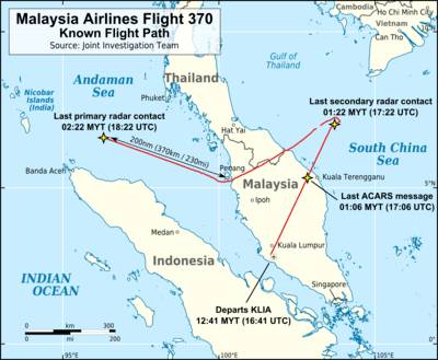 Garis merah, jalur penerbangan MH370 (Wikimedia.org/Andrew Heneen)
