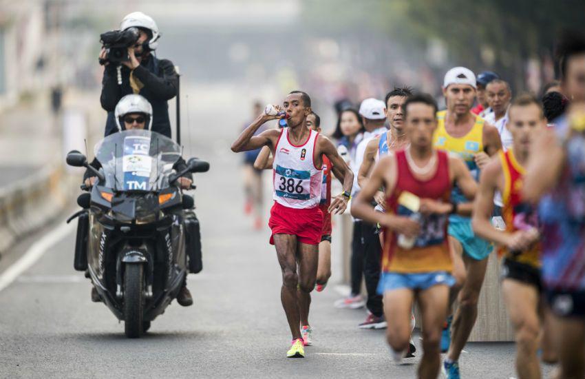 Agus Prayogo, pelari Indonesia di Asian Games 2018 ( ANTARA FOTO/INASGOC/M Agung Rajasa)