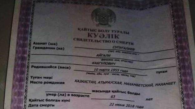 Sertifikat kematian Aigali | Farkhat Abilov/Azh.kz via BBC.com