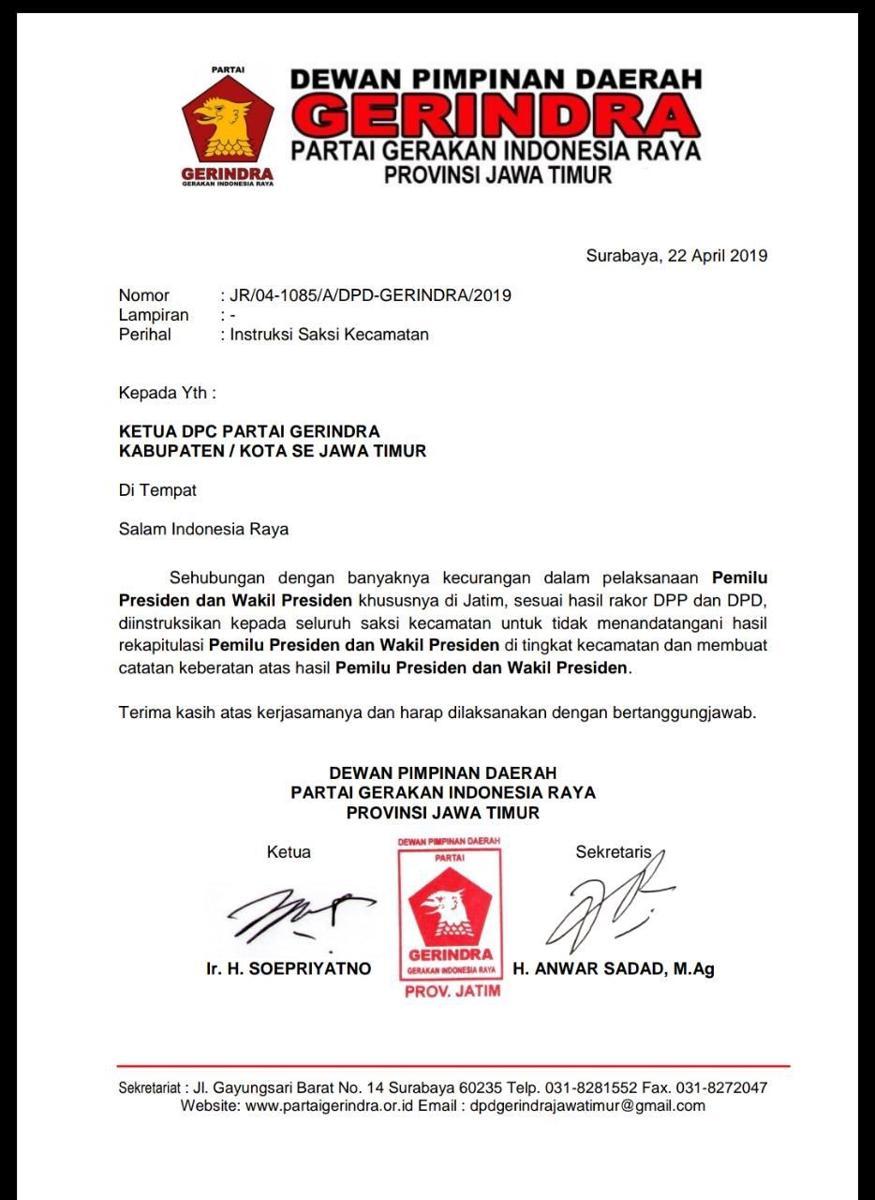 Gerindra Jatim Instruksikan Saksinya Tak Tandatangani Rekapitulasi