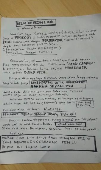 Surat Ahmad Dhani: Aparat Kepolisian Sengaja Gagalkan saya Jadi Caleg