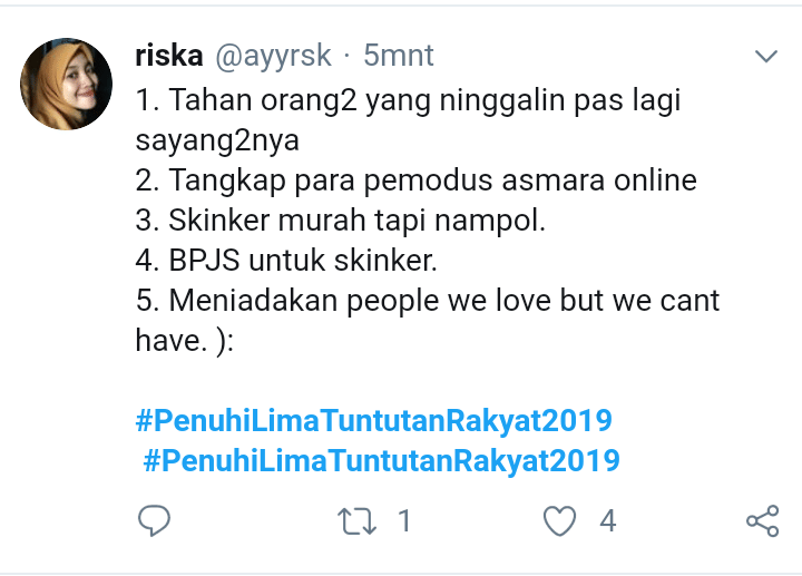 10 Cuitan Lucu 'Penuhi Lima Tuntutan Rakyat 2019' Ini Bikin Ngakak