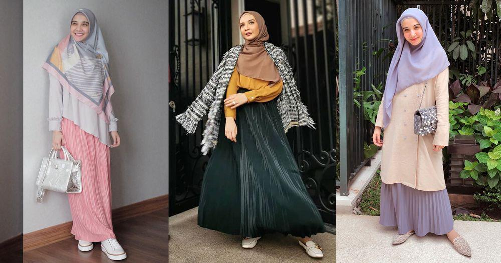 8 Gaya Syar'i dengan Mix and Match Pleated Skirt ala Zaskia Sungkar