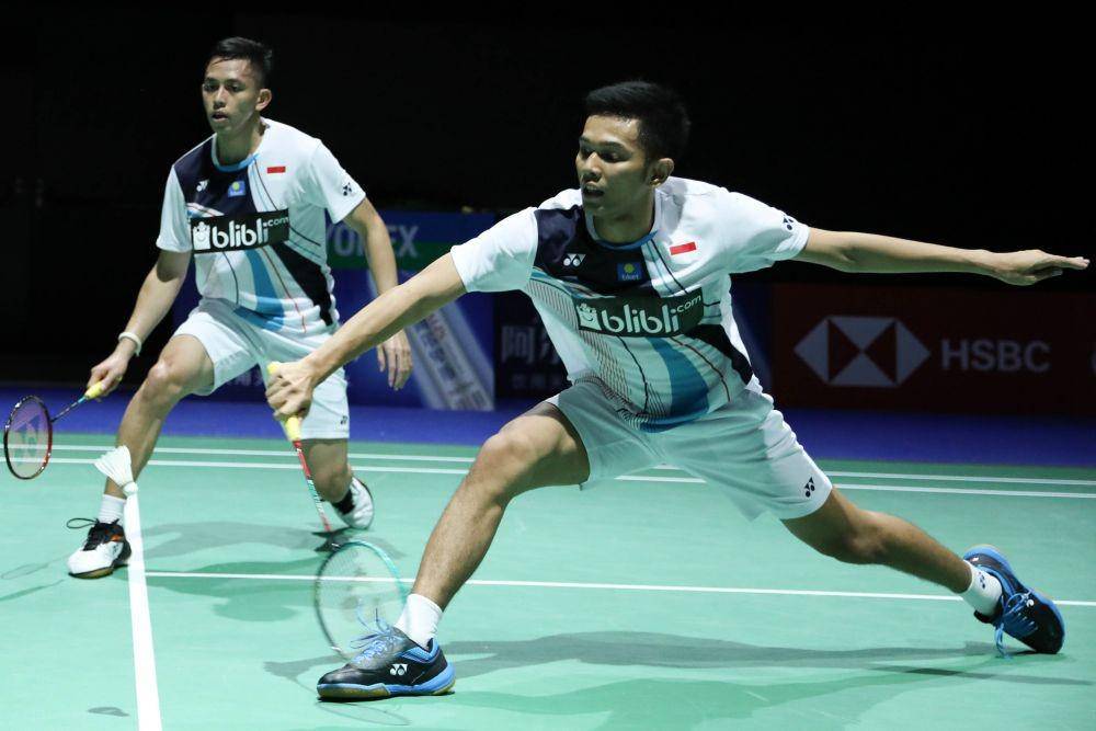Muhammad Rian Ardianto dan Fajar Alfian bertanding di Badminton World Championship 2019 (dok. IDN Times)