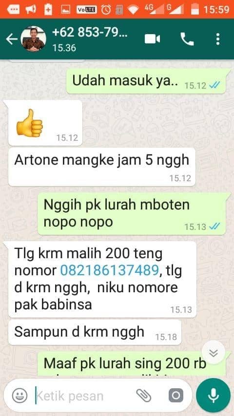 Tangkapan layar Whatsapp aksi penipuan Kades minta Pulsa. IDN Times/Istimewa