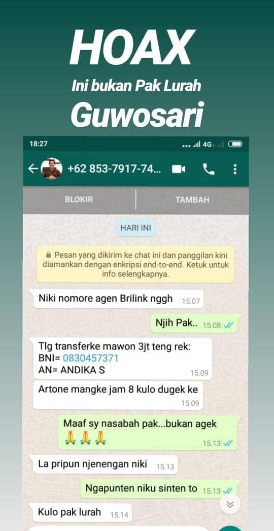 Klarifikasi hoaks atas tangkapan layar Whatsapp aksi penipuan Kades minta Pulsa. IDN Times/Istimewa