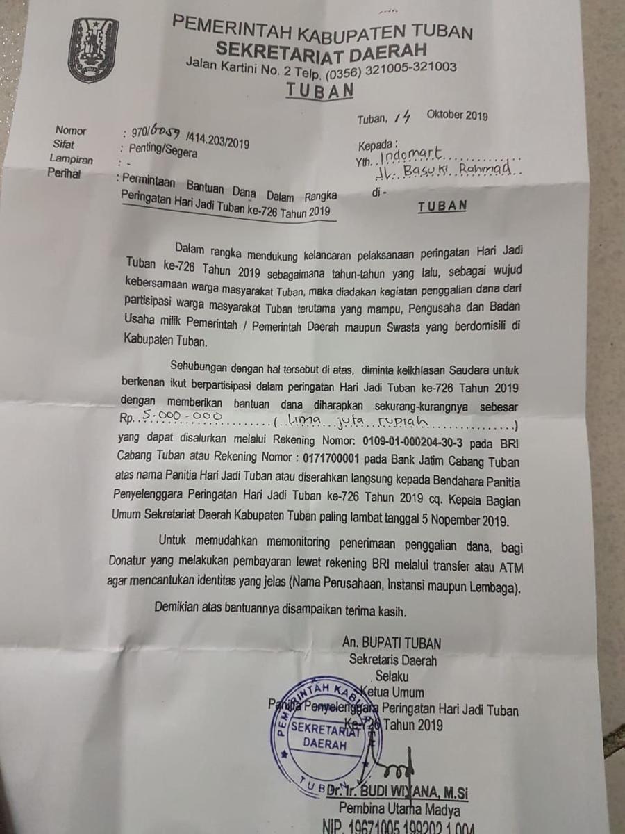 Surat permintaan sumbangan dari Pemkab Tuban. IDN Times/Istimewa