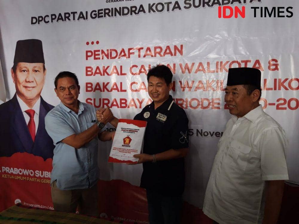 Ketua Penjaringan Bacawali-Bacawawali DPC Partai Gerindra Surabaya, Bagiyon (kiri) dan Bacawali Kota Surabaya, Vinsensius Awey di Kantor DPC Gerindra, Jumat (15/11). IDN Times/Fitria Madia