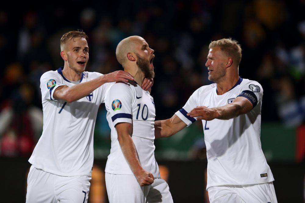 Teemu Pukki merayakan golnya pada laga lawan Liechtenstein di Kualifikasi Piala Eropa 2020 Sabtu (16/11) dini hari. Twitter/@foxsoccer