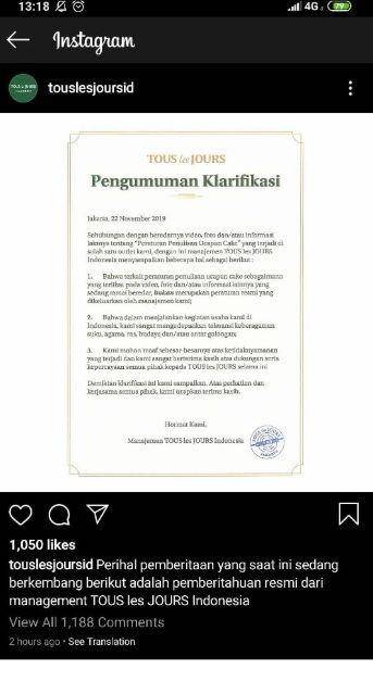 Pengumuman manajemen Tour Les Jours di akun Instagram perusahaan/ Instagram Tour Les Jours