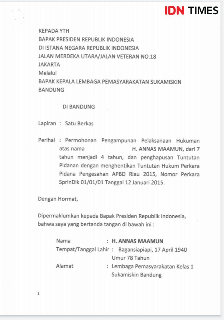 (Tangkapan layar surat Grasi Annas Maamun) IDN Times/Azzis Zulkhairil