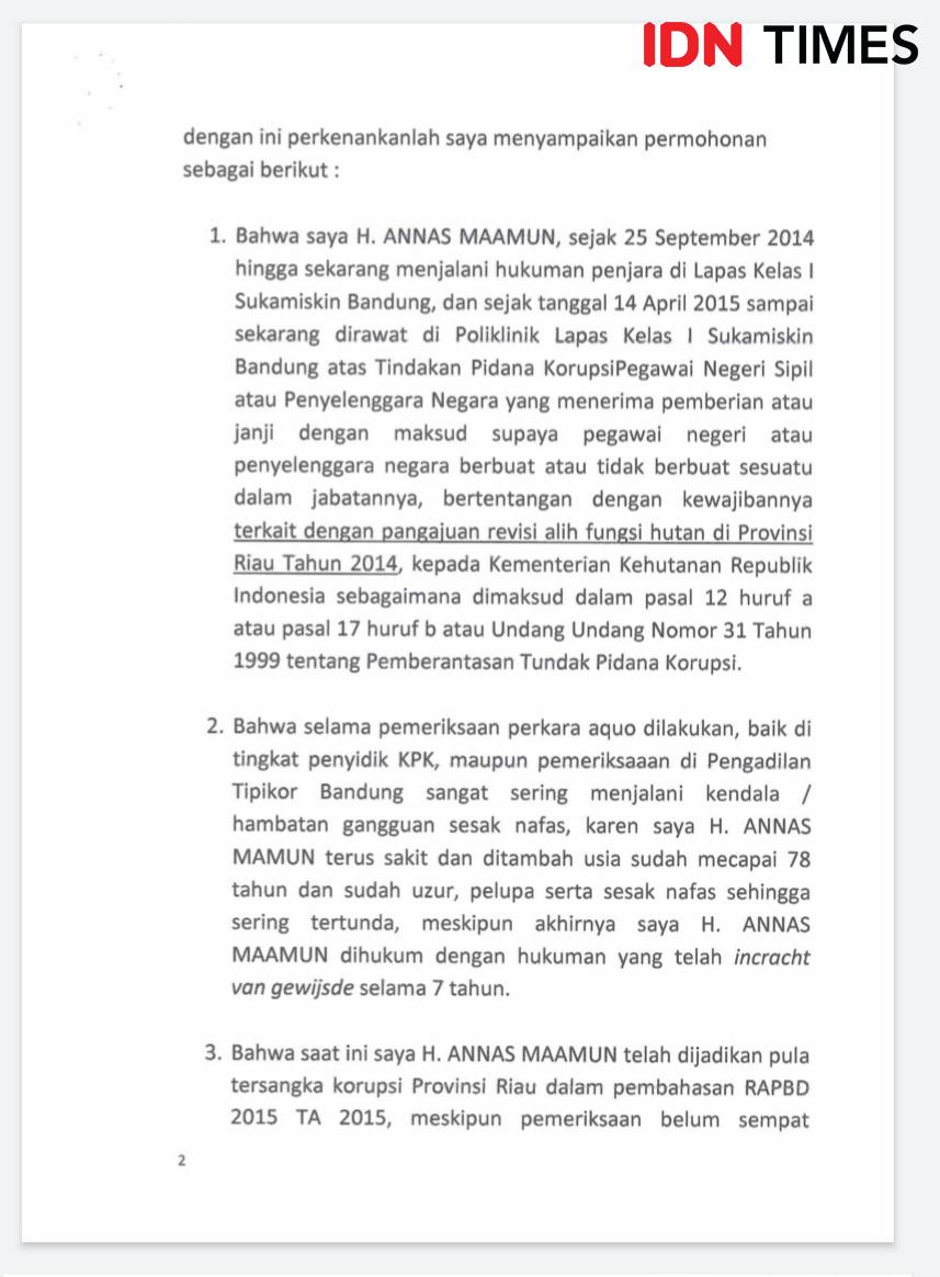 (Tangkapan layar surat Grasi Annas Maamun) IDN Times/Azzis Zulkhairil