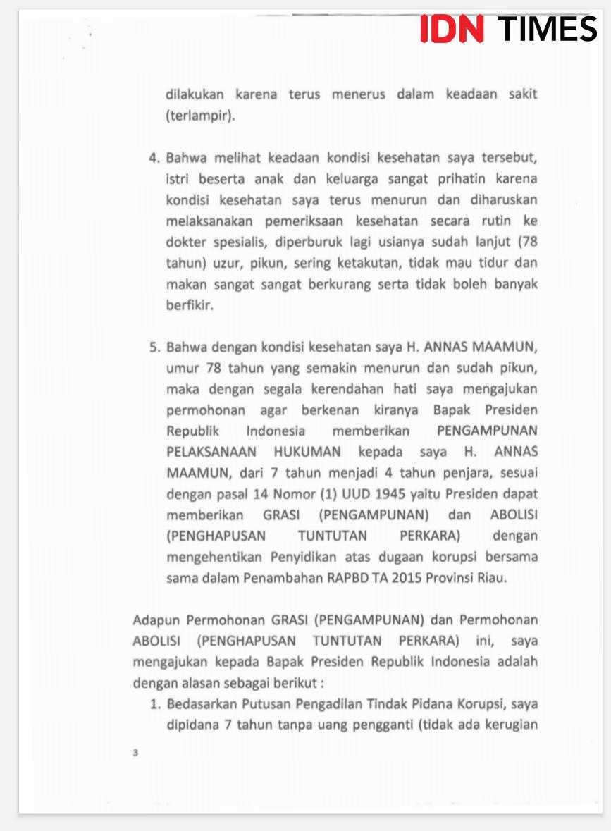 (Tangkapan layar surat Grasi Annas Maamun) IDN Times/Azzis Zulkhairil