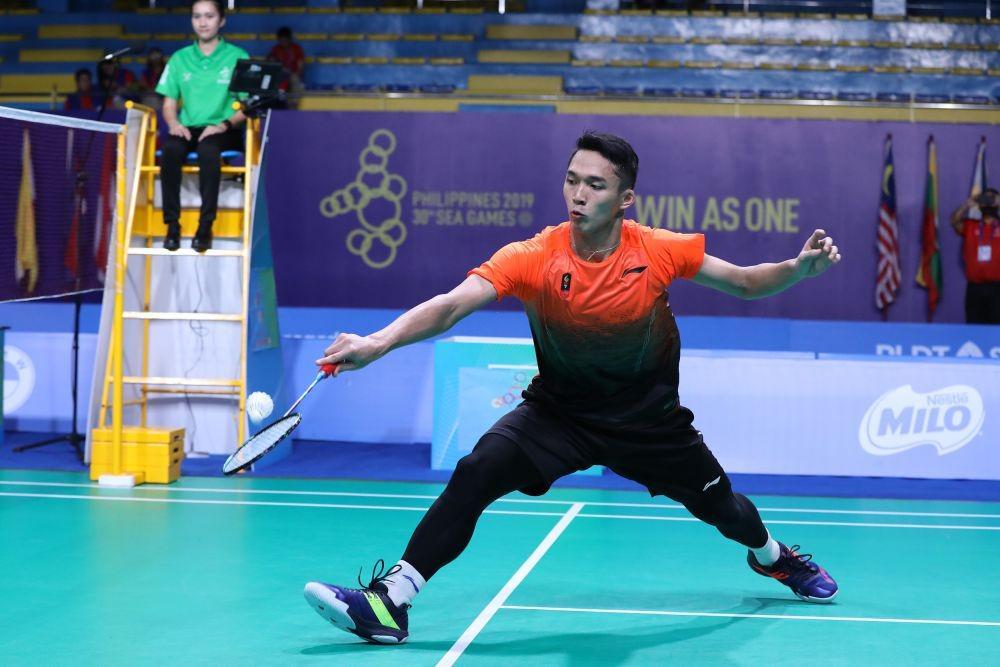 Jonatan Chirstie sumbang poin pertama bagi Indonesia di babak final beregu putra bulu tangkis SEA Games 2019 (IDN Times/PBSI)