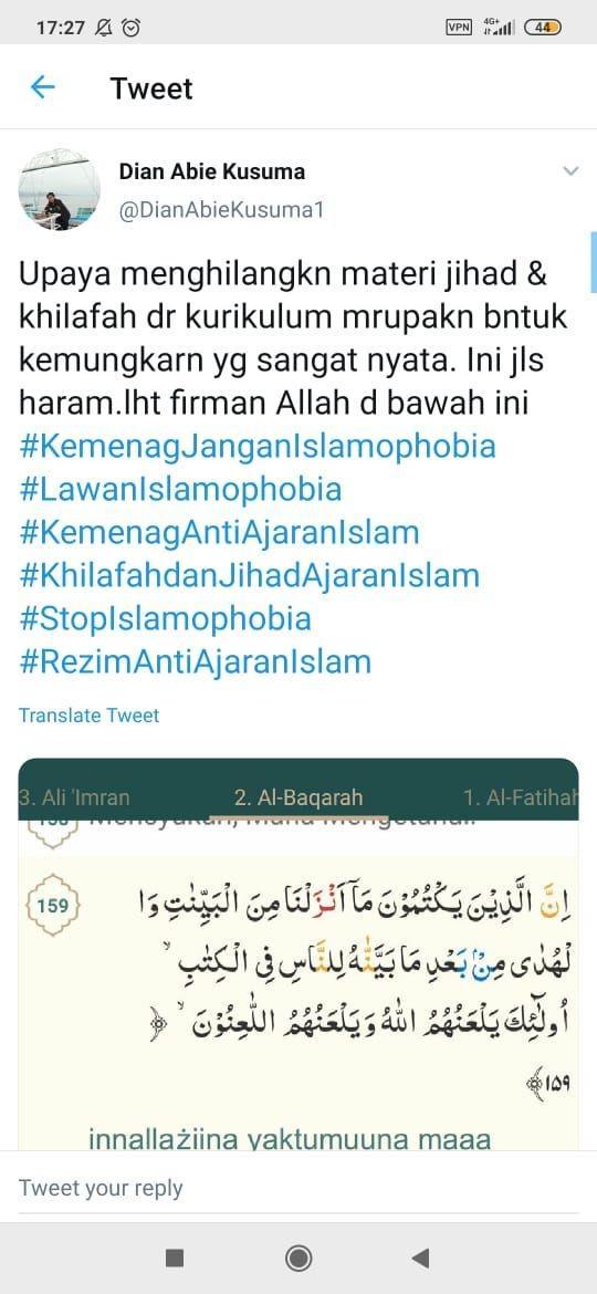Warganet Tuding Kemenag Islamophobia karena Pindah Materi Khilafah