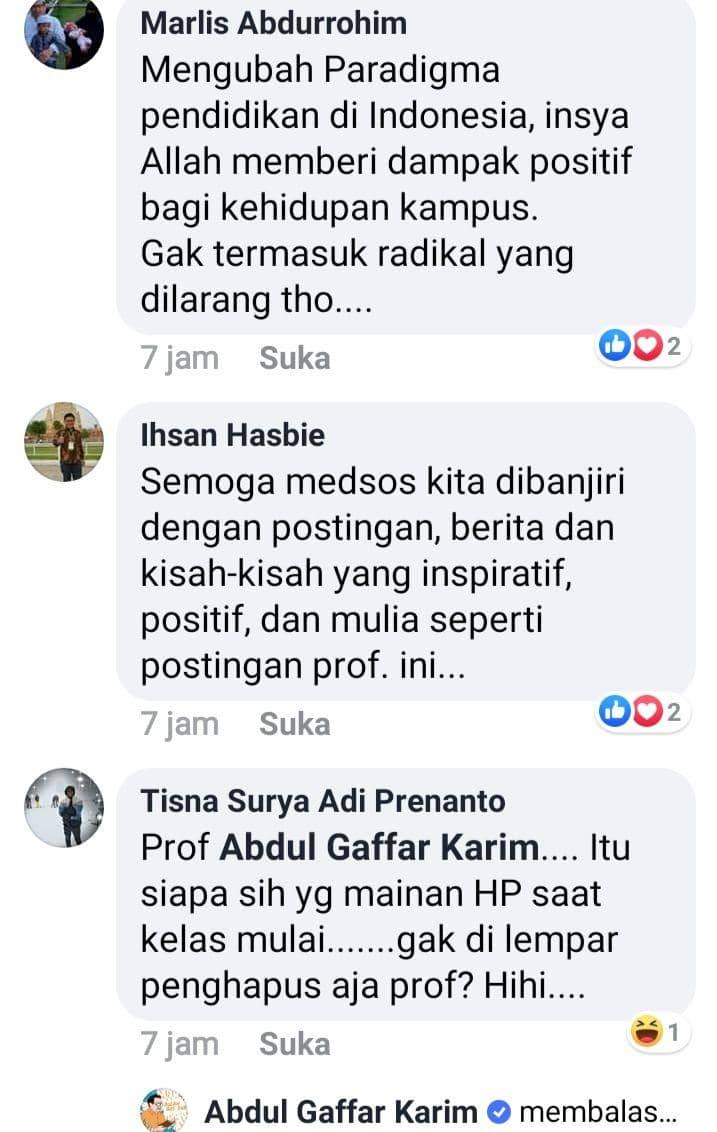 Komentar warganet di status Dosen UGM mengajar sambil momong bayi mahasiswi Kamis (12/12/2019) / facebook Abdul Gaffar Karim