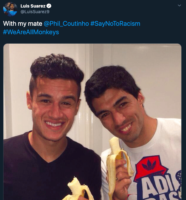 Cuitan Luis Suarez yang menggunakan tagar #WeAreAllMonkeys. twitter.com/LuisSuarez9