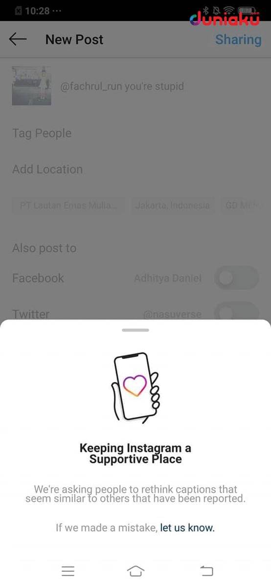 Pesan Instagram terhadap caption negatif. duniaku.com/Adhitya Daniel