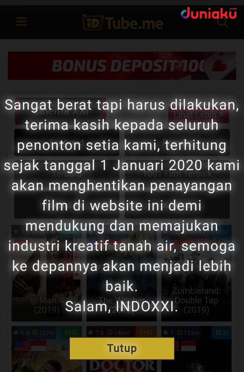 Tangkapan layar pernyataan indoxxi. duniaku.com/Adhitya Daniel