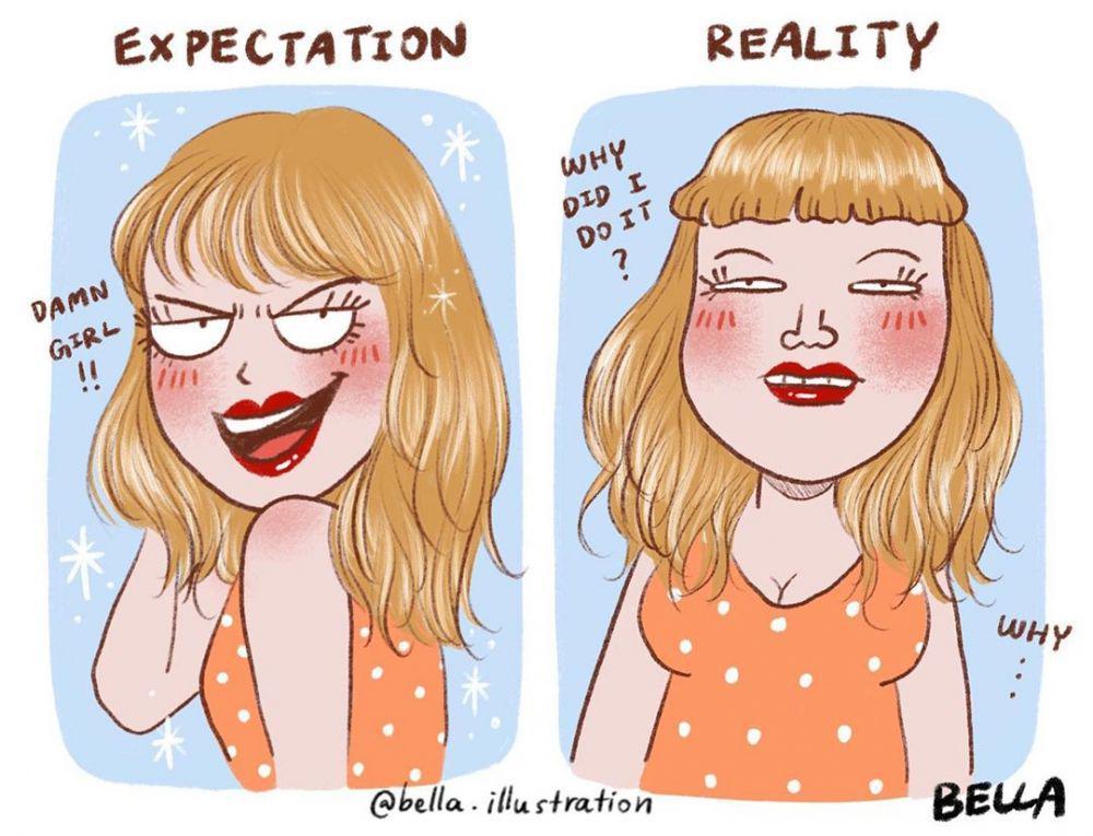12 Ilustrasi Kocak Ekspektasi vs Realita Cewek Soal Penampilan