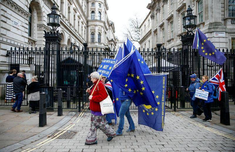 Pengunjuk rasa anti-Brexit berdemo di depan Downing Street di London, Inggris, pada 8 Januari 2020. ANTARA FOTO/REUTERS/Henry Nicholls