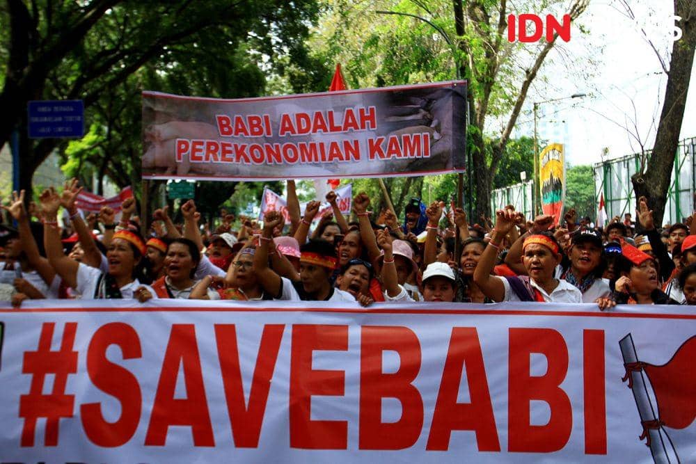 Massa Save Babi berunjuk rasa di depan DPRD Sumut, Senin (10/2). Mereka meminta Presiden Joko Widodo menanggulangi wabah itu secepatnya (IDN Times/Prayugo Utomo)