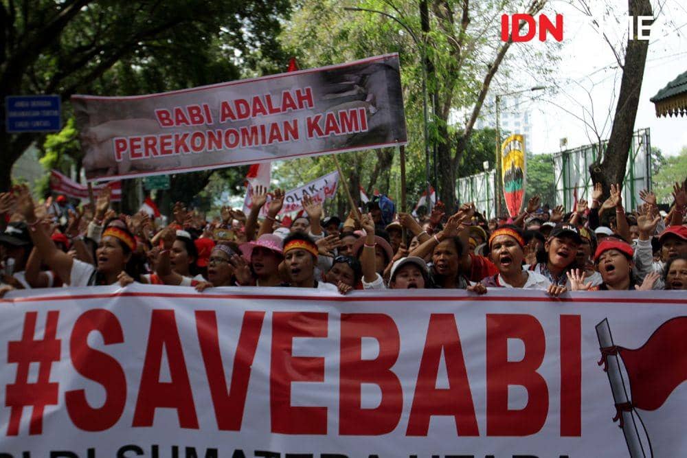 Massa Save Babi berunjuk rasa di depan DPRD Sumut, Senin (10/2). Mereka meminta Presiden Joko Widodo menanggulangi wabah itu secepatnya (IDN Times/Prayugo Utomo)