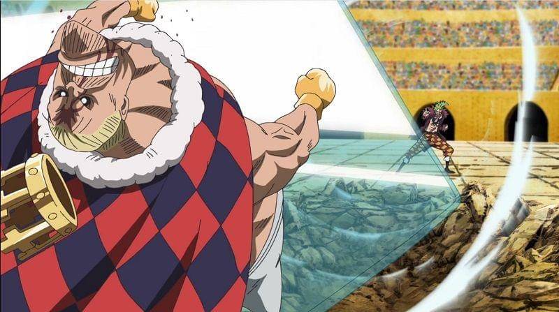 Bartolomeo menggunakan kekuatan Bari Bari melawan Elizabello II. (Dok. Toei Animation/One Piece)