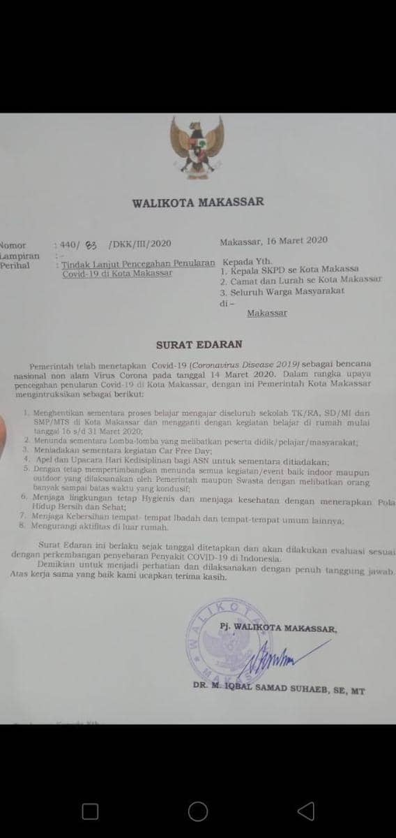 Surat edaran Pemkot Makassar. Dok. Istimewa