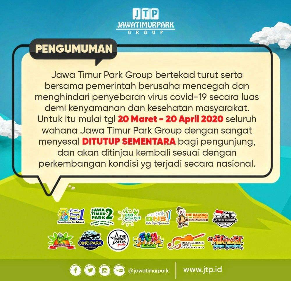 Pengumuman yang dikeluarkan manajemen Jatim Park Group terkait antisipasi Virus Covid-19. IDN Times/ Humas Jatim Park Group