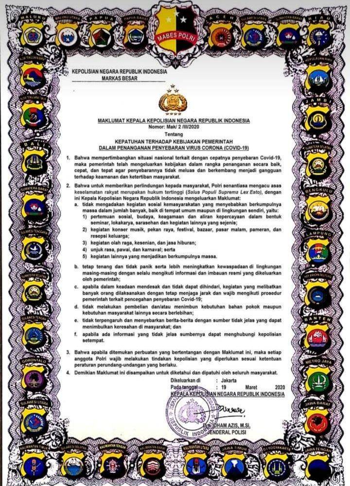 Maklumat Kapolri Jenderal Polisi Idham Azis tentang kepatuhan terhadap kebijakan pemerintah dalam penanganan penyebaran COVID 19