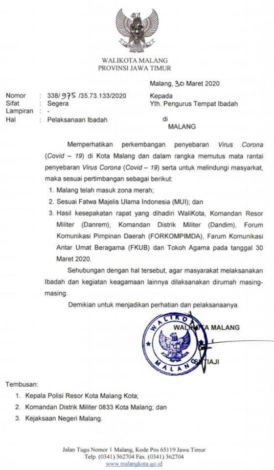 Kota Malang Zona Merah, Wali Kota Imbau Ibadah di Rumah Saja