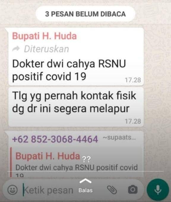 Tangkapan layar pesan WhatsApp yang ditulis Bupati Tuban Fathul Huda. IDN Times/Istimewa