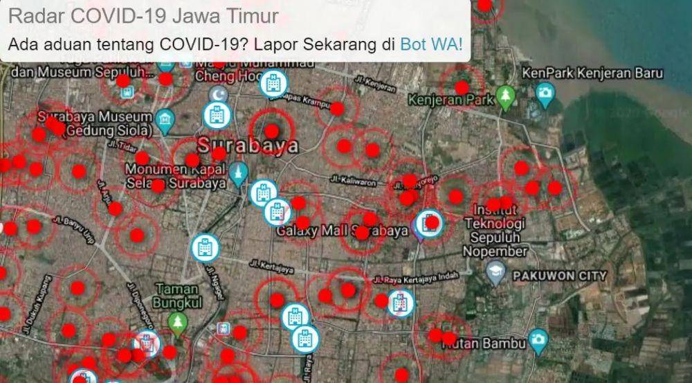 Tangkapan layar peta realtime COVID-19 di Jawa Timur. radarcovid19.jatimprov.go.id