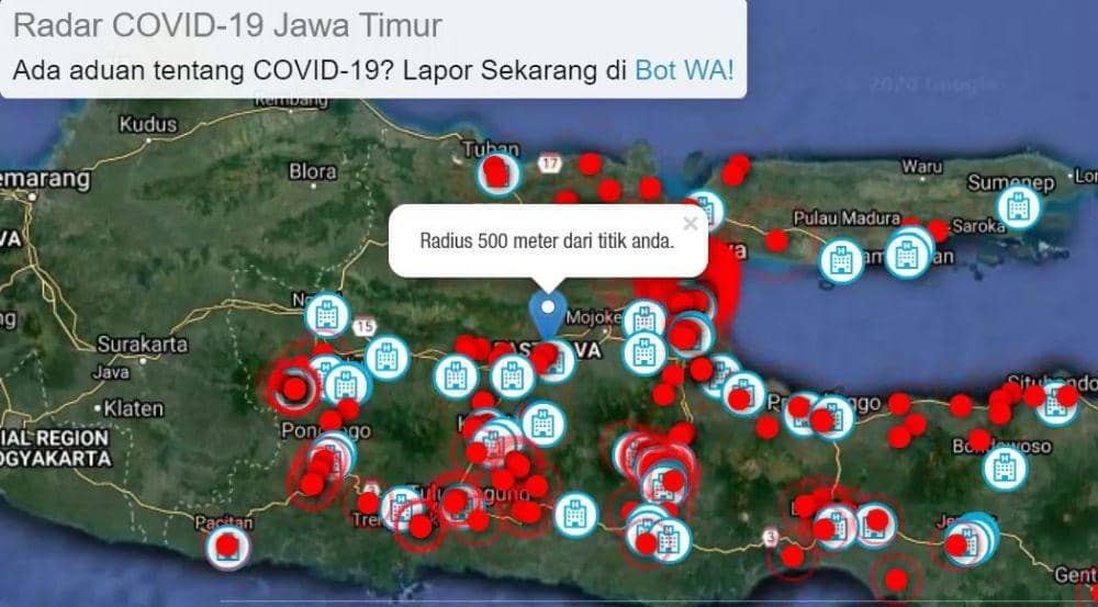 Tangkapan layar peta realtime COVID-19 di Jawa Timur. radarcovid19.jatimprov.go.id