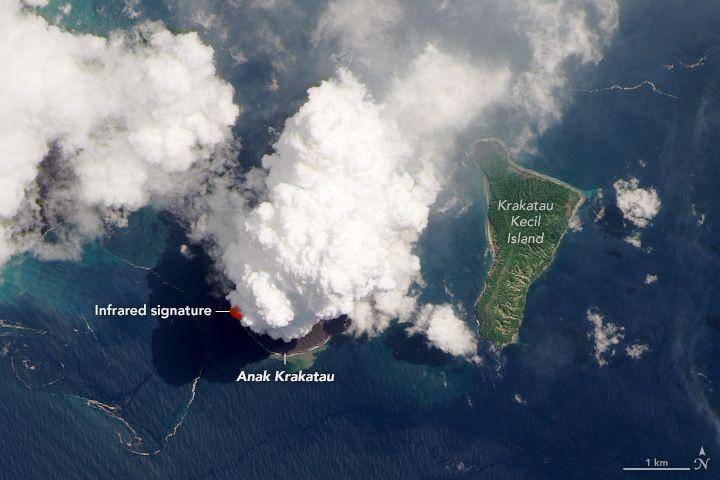 Tampak erupsi Anak Krakatau dari angkasa (13/4). NASA Earth Observatory/Lauren Dauphin